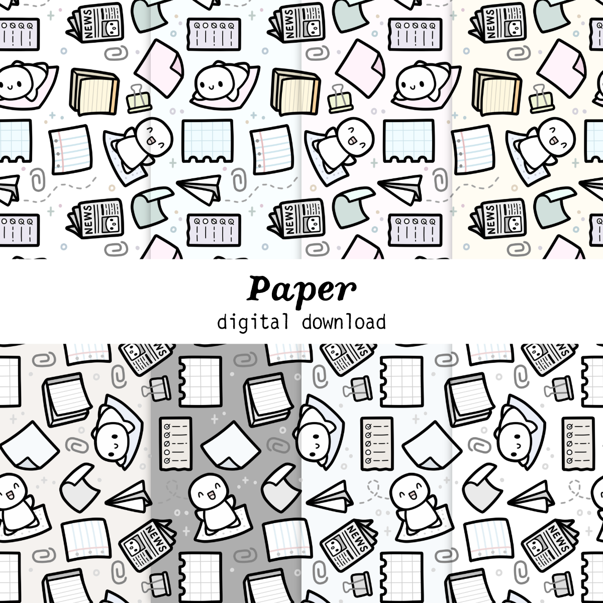 Pattern of paper icons with 'Paper' digital download text on a white background